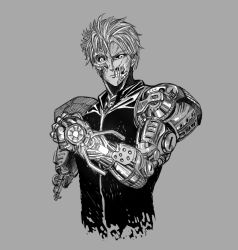 Rule 34 | 1boy, android, artificial eye, broken arm, genos, grey background, greyscale, looking at viewer, male focus, mechanical eye, mechanical parts, monochrome, one-punch man, short hair, simple background, solo, upper body, vest, y naf