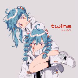 Rule 34 | 2girls, ahoge, american flag, blue hair, blush, dated, female focus, grey background, high collar, ibashi roni, jacket, multiple girls, nail polish, nasa, nike (company), open mouth, original, serious, shoes, siblings, simple background, sneakers, twins, twintails
