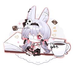 Rule 34 | 1girl, animal ear fluff, animal ear piercing, animal ears, bandaged ear, black bow, black footwear, black hairband, black jacket, black skirt, black sleeves, book, bow, bow legwear, chibi, chinese commentary, choker, closed mouth, coffee, collar, collared jacket, collared shirt, commentary request, commission, cookie, cup, expressionless, eyelashes, eyepatch, flower, food, frilled sleeves, frills, grey hair, hair bow, hair flower, hair ornament, hairband, heart, heart print, highres, holding, holding cup, jacket, jacket partially removed, kneehighs, long hair, long sleeves, looking at viewer, low twintails, medical eyepatch, miniskirt, napkin, notice lines, one-eyed, open book, open clothes, open jacket, original, outline, oversized object, pink bow, pink choker, pink eyes, pink outline, pink shirt, pleated skirt, rabbit ears, sample watermark, shi maomaosha, shirt, shoes, simple background, skirt, sleeves past fingers, sleeves past wrists, socks, solo, sparkle, twintails, two-tone bow, very long hair, watermark, white background, white collar, white flower, white socks