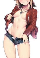 Rule 34 | 1girl, blonde hair, blush, breasts, breasts apart, collarbone, contrapposto, cowboy shot, cutoffs, denim, denim shorts, fate/grand order, fate (series), gluteal fold, groin, head out of frame, jacket, jewelry, jp06, long sleeves, looking at viewer, mordred (fate), mordred (fate/apocrypha), mordred (memories at trifas) (fate), navel, necklace, no bra, open clothes, open fly, open jacket, red jacket, short hair, short shorts, shorts, simple background, small breasts, smile, solo, standing, stomach, thighs, thumb in beltline, unbuttoned, unzipped, white background
