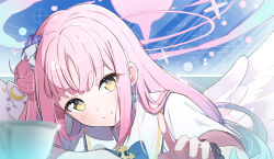 Rule 34 | 1girl, angel wings, black scrunchie, blue archive, blush, capelet, closed mouth, commentary, crescent, crescent pin, dress, feathered wings, flower, hair bun, hair flower, hair ornament, halo, highres, index finger raised, long hair, looking at viewer, mika (blue archive), pink hair, pink halo, purple flower, rindou ringdong, scrunchie, single side bun, smile, solo, upper body, white capelet, white dress, white wings, wings, wrist scrunchie, yellow eyes