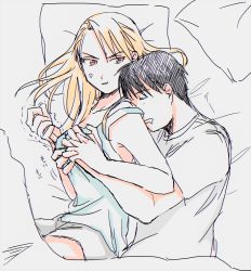 Rule 34 | 1boy, 1girl, anger vein, annoyed, armpit peek, bed, bed sheet, black hair, blonde hair, grabbing another&#039;s breast, brown eyes, couple, drooling, fullmetal alchemist, grabbing, hetero, highres, hug, hug from behind, long hair, looking at another, looking back, lying, on bed, on side, open mouth, ozaki (tsukiko3), pillow, riza hawkeye, roy mustang, shirt, short sleeves, sleeping, sleeveless, sleeveless shirt, trembling, white shirt