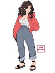 Rule 34 | 1girl, artist name, breasts, brown hair, denim, feet, flat color, full body, hand on own hip, highres, jacket, jeans, kamii momoru, large breasts, looking at viewer, nails, one eye covered, original, pants, practicing, sketch, smile, white background