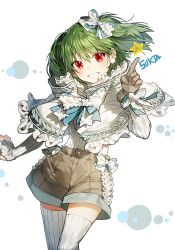 Rule 34 | 1girl, artist name, blue bow, bow, capelet, cowboy shot, earrings, gloves, green hair, grin, hair bow, jewelry, lace trim, long sleeves, looking at viewer, macross, macross frontier, pointing, ranka lee, red eyes, short hair, shorts, simple background, single glove, smile, solo, star (symbol), sukja, sweater, thighhighs, two side up, white background, white sweater