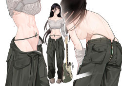 Rule 34 | 1girl, arm behind back, artist name, ass, black hair, black pants, breasts, butt crack, clothes lift, grey shirt, guitar, halftone, highres, hitomi o, instrument, large breasts, long hair, long sleeves, medium breasts, midriff, multiple views, navel, open fly, original, pants, pocket, shirt, shirt lift, shoes, simple background, sleeves past wrists, sweat, topless, undressing, very long hair, white background, zipper