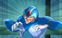 Rule 34 | 1boy, a (user enkr4882), android, armor, black eyes, creepy chin joey wheeler (meme), emphasis lines, gloves, helmet, highres, looking at viewer, male focus, mega man (series), x (mega man), mega man x (series), meme, open mouth, parody, smile, solo, white gloves, yu-gi-oh!, yu-gi-oh! duel monsters