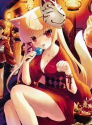 Rule 34 | 1girl, :p, bare legs, bell, breasts, candy, cleavage, collarbone, festival, fox mask, jingle bell, lantern, licking, light smile, lollipop, looking at viewer, mask, minamura haruki, paw pose, solo, thighs, tongue, tongue out, wristband