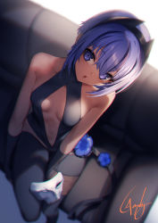 Rule 34 | 1girl, bare shoulders, belt, black gloves, black hairband, black leotard, breasts, center opening, chromatic aberration, collarbone, couch, dark-skinned female, dark skin, fate/prototype, fate/prototype: fragments of blue and silver, fate (series), fingerless gloves, genyaky, gloves, hairband, hassan of serenity (fate), highres, leggings, leotard, looking at viewer, medium breasts, navel, open mouth, purple eyes, purple hair, short hair, sitting, thighs