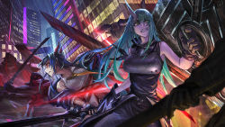 Rule 34 | 2girls, arknights, arm scarf, bare shoulders, black gloves, black shirt, black shorts, blue hair, ch&#039;en (arknights), cityscape, clenched teeth, closed mouth, clothes around waist, commentary request, dragon horns, dual wielding, fingerless gloves, gloves, green eyes, green hair, hair between eyes, highres, holding, holding shield, holding sword, holding weapon, horns, hoshiguma (arknights), jacket, jacket around waist, kuro dora, long hair, low tied hair, multicolored necktie, multicolored neckwear, multiple girls, necktie, neckwear request, rain, red eyes, shield, shirt, short shorts, shorts, single horn, skin-covered horns, sword, teeth, weapon