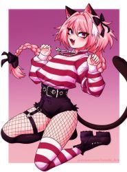 Rule 34 | 1boy, absurdres, animal ears, astolfo (fate), asymmetrical legwear, black bow, black pantyhose, black shorts, blush, border, bow, braid, braided ponytail, cat ears, cat tail, clothes pull, fang, fate/apocrypha, fate (series), fishnet thighhighs, fishnets, hair bow, high-waist shorts, highres, jewelry, long braid, long hair, necklace, open mouth, pantyhose, pantyhose pull, pink hair, rumblyf, shirt, shirt tucked in, shorts, single braid, skin fang, sleeves past wrists, smile, solo, striped clothes, striped shirt, striped thighhighs, tail, thighhighs, trap, uneven legwear, very long hair, white border
