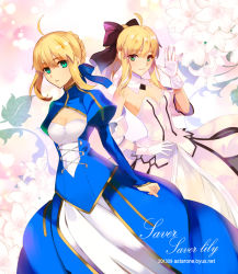 Rule 34 | 2girls, ahoge, artoria pendragon (fate), astarone, blonde hair, bow, capcom, cleavage cutout, clothing cutout, dress, dual persona, fate/stay night, fate/unlimited codes, fate (series), gloves, green eyes, hair bow, hair ribbon, multiple girls, ponytail, ribbon, saber (fate), saber lily, white gloves