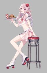 Rule 34 | 1girl, bar stool, bikini, bikini under clothes, blouse, braid, burger, collared shirt, commentary request, crop top, cup, disposable cup, drinking straw, food, full body, grey background, headwear request, highres, holding, holding tray, legs, light purple hair, long hair, looking at viewer, midriff, miniskirt, original, pointy ears, purple eyes, red bikini, red stripes, roller shoes, roller skates, see-through, shadow, shirt, shoes, short sleeves, sidelocks, skates, skirt, solo, stool, striped bikini, striped clothes, striped underwear, swimsuit, tilted headwear, tomari (veryberry00), toothpick, tray, twin braids, waitress, white footwear, white shirt