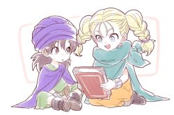 Rule 34 | 1boy, 1girl, aged down, bianca (dq5), black eyes, black hair, blonde hair, blue eyes, book, boots, bracelet, braid, child, cloak, commentary, dragon quest, dragon quest v, dress, earrings, full body, green cloak, green tunic, hair pulled back, hero (dq5), holding, holding book, indian style, jewelry, long hair, looking at another, low ponytail, open mouth, orange dress, parted lips, purple cloak, purple headwear, rope belt, seiza, sitting, tnp, turban, twin braids