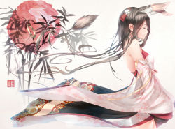 Rule 34 | 1girl, animal ears, bare shoulders, black hair, closed eyes, fish, from side, goldfish, hadean92, japanese clothes, jewelry, kimono, long hair, original, ring, signature, simple background, solo, tail, very long hair, white background