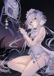 Rule 34 | 1girl, absurdres, arknights, armlet, bare shoulders, black flower, casual one-piece swimsuit, closed mouth, covered navel, crocodilian tail, feet out of frame, flower, grey hair, grey one-piece swimsuit, hair flower, hair ornament, highres, holding, holding staff, large tail, long hair, looking at viewer, natsuba002, night, night sky, official alternate costume, one-piece swimsuit, outdoors, pointy ears, seashell, shell, sitting, sky, solo, staff, swimsuit, tail, tomimi (arknights), tomimi (silent night) (arknights), water, white flower, wrist cuffs, yellow eyes