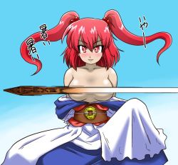 Rule 34 | 1girl, blue background, blush, breasts, censored, convenient censoring, gradient background, hair bobbles, hair ornament, iwatobi hiro, medium breasts, onozuka komachi, red eyes, red hair, rod of remorse, solo, topless, touhou, twintails, two side up