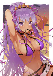 Rule 34 | 1girl, ahase hino, armpits, arms behind head, arms up, bare shoulders, bb (fate), bb (fate) (all), bb (swimsuit mooncancer) (fate), bb (swimsuit mooncancer) (second ascension) (fate), belt, bikini, black garter belt, black shorts, blush, breasts, cleavage, collarbone, dark-skinned female, dark skin, fate/grand order, fate (series), garter belt, gradient sky, hair ornament, hair ribbon, hairband, high ponytail, highres, large breasts, long hair, looking at viewer, loose belt, micro shorts, navel, neck ribbon, orange sky, ponytail, purple bikini, purple eyes, purple hair, purple sky, ribbon, shorts, sky, smile, solo, star (symbol), star hair ornament, studded garter belt, swimsuit, tan, twilight, tying hair, very long hair, white belt