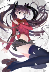 Rule 34 | 1girl, black thighhighs, blue eyes, brown hair, dress, fate/stay night, fate (series), hair ribbon, jewelry, long hair, long legs, necklace, ribbon, shengkong (prank), sixingcao, solo, thighhighs, tohsaka rin, two side up, very long hair