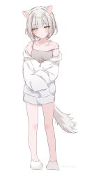 Rule 34 | 1girl, :o, animal ear fluff, animal ears, animal slippers, blush, brown eyes, camisole, collarbone, commentary, full body, grey camisole, grey hair, highres, hood, hoodie, mafuyu (chibi21), off shoulder, original, parted lips, simple background, slippers, solo, standing, strap slip, tail, twitter username, unfinished, white background, white footwear, white hoodie