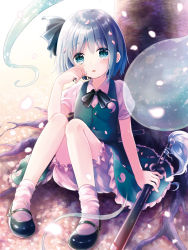 Rule 34 | 1girl, against tree, black bow, black bowtie, black footwear, bloomers, blue bow, blue eyes, blue hair, blush, bow, bowtie, buttons, cherry blossoms, collared shirt, commentary request, frilled skirt, frills, full body, green skirt, hair bow, hand up, holding, holding sword, holding weapon, knees together feet apart, kona (canaria), konpaku youmu, konpaku youmu (ghost), looking at viewer, mary janes, parted lips, petals, scabbard, sheath, sheathed, shirt, shoes, short hair, short sleeves, sitting, skirt, skirt set, sleeveless, socks, solo, sword, touhou, tree, underwear, weapon, white bloomers, white shirt, white socks