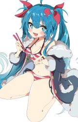 Rule 34 | 1girl, ahoge, bikini, black coat, blue eyes, blue hair, blush, bow, chopsticks, coat, commentary, fish pendant, fur-trimmed coat, fur trim, hair bow, hatsune miku, highres, holding, holding chopsticks, incoming food, long hair, looking at viewer, navel, nomi mushi, octopus hair ornament, open mouth, red bikini, red bow, seiza, sitting, smile, solo, sparkling eyes, striped bikini, striped clothes, swimsuit, twintails, umi no searchlight (vocaloid), very long hair, vocaloid, white background, yuki miku, yuki miku (2022)