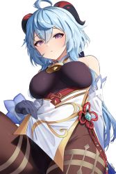Rule 34 | 1girl, absurdres, ahoge, bare shoulders, bell, black gloves, blue hair, bodystocking, breasts, closed mouth, cowbell, cowboy shot, detached collar, detached sleeves, ganyu (genshin impact), genshin impact, gloves, goat horns, gold trim, groin, highres, horns, large breasts, long hair, long sleeves, looking at viewer, low ponytail, pelvic curtain, purple eyes, simple background, solo, steeb, white background