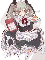 Rule 34 | 1girl, :d, alternate costume, anchovy (girls und panzer), apron, bad id, bad twitter id, bell, black dress, black ribbon, bow, collared dress, commentary, cowboy shot, dessert, dress, drill hair, fang, food, frilled dress, frills, fruit, garter straps, getsumen suibaku ver. a(c), girls und panzer, green hair, hair ribbon, heart, highres, holding, holding menu, holding plate, italian text, long hair, long sleeves, looking at viewer, menu, open mouth, plate, red bow, red eyes, red neckwear, ribbon, short dress, sketch, skin fang, smile, solo, standing, strawberry, thighhighs, translated, twin drills, twintails, twitter username, waist apron, waitress, white apron, white thighhighs