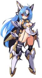 Rule 34 | 1girl, armor, black gloves, blue hair, breasts, cameltoe, closed mouth, commentary request, eyes visible through hair, fingerless gloves, full body, garter straps, gloves, gun, headgear, highres, holding, holding gun, holding weapon, karukan (monjya), kos-mos, kos-mos ver. 4, long hair, looking at viewer, red eyes, simple background, solo, standing, thighs, underboob, very long hair, weapon, white background, xenosaga