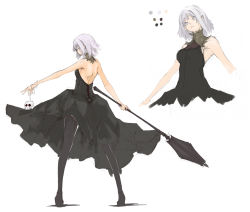 Rule 34 | 1girl, :&lt;, back, bad id, bad pixiv id, black dress, dress, elf, from behind, light purple hair, mace, original, outstretched arm, pantyhose, pointy ears, polearm, short hair, skull, sleeveless, solo, standing, weapon, zutta