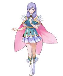 Rule 34 | 1girl, alternate costume, belt pouch, boots, cape, circlet, closed mouth, dress, feather trim, fire emblem, fire emblem: radiant dawn, fire emblem heroes, gold trim, gradient clothes, hair ornament, hand on own chest, hand up, highres, ilyana (fire emblem), jewelry, knee boots, long hair, looking at viewer, nintendo, non-web source, official alternate costume, official art, pouch, purple eyes, purple hair, short dress, short sleeves, skirt, solo, standing, tachi-e, transparent background, turtleneck, urata asao, wrist cuffs