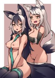 Rule 34 | 2girls, animal ears, aqua necktie, bad id, bad twitter id, between breasts, between legs, black gloves, black hair, borrowed character, breasts, cleft of venus, detached collar, elbow gloves, fang, gloves, hair between eyes, hand between legs, hand on another&#039;s shoulder, medium breasts, multicolored hair, multiple girls, naked necktie, necktie, necktie between breasts, nipples, nude, open mouth, original, pussy, tail, thighhighs, two-tone hair, v arms, white hair, white legwear, wolf ears, wolf tail, zakusi