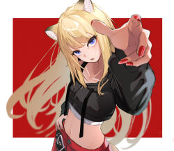 Rule 34 | 1girl, animal ears, blonde hair, blue eyes, breasts, hand on own hip, highres, hood, hooded jacket, jacket, kasoku souchi, kmnz, long hair, looking at viewer, mc lita, midriff, navel, open mouth, red nails, small breasts, solo, virtual youtuber