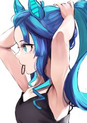 Rule 34 | 1girl, absurdres, adjusting hair, ahoge, alternate hairstyle, animal ears, armpits, arms up, black hairband, blue eyes, blue hair, breasts, from side, hairband, highres, horse ears, horse girl, long hair, mouth hold, ponytail, simple background, small breasts, solo, toa510, twin turbo (umamusume), umamusume, white background