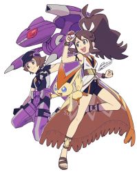 Rule 34 | 1boy, 1girl, black headwear, black shorts, brown eyes, brown footwear, brown hair, clenched hand, closed mouth, commentary request, creatures (company), game freak, gen 5 pokemon, genesect, gloves, hat, high ponytail, hilbert (pokemon), hilbert (sygna suit) (pokemon), hilda (pokemon), hilda (sygna suit) (pokemon), holding, holding poke ball, legendary pokemon, long hair, mythical pokemon, nintendo, official alternate costume, pants, poke ball, poke ball (basic), pokemon, pokemon masters ex, purple pants, sagemaru-br, sandals, shirt, short hair, shorts, sidelocks, smile, toes, victini