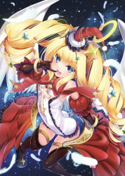 Rule 34 | 1girl, :d, bare shoulders, black thighhighs, blonde hair, blue eyes, blush, bow, covered navel, detached sleeves, drill hair, fang, feathers, female focus, finger to mouth, flat chest, halo, hat, long hair, open mouth, original, pigeon-toed, santa hat, smile, solo, sorimura youji, star (symbol), thigh strap, thighhighs, twin drills, very long hair, wings