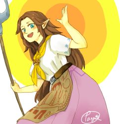 Rule 34 | 1girl, apron, bad id, bad pixiv id, belt, belt buckle, blue eyes, blush, breasts, brown hair, buckle, holding, holding pitchfork, large breasts, long hair, long skirt, malon, neckerchief, nintendo, aged up, open mouth, pitchfork, pointy ears, skirt, smile, solo, tangiman, the legend of zelda, the legend of zelda: ocarina of time, triforce, waist apron, waving