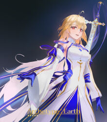 Rule 34 | 1girl, absurdres, antenna hair, archetype earth, arcueid brunestud, bare shoulders, blonde hair, blue gloves, breasts, cat.106, character name, cowboy shot, detached collar, detached sleeves, dress, fate/grand order, fate (series), floating, floating object, floating sword, floating weapon, gloves, gold trim, hair intakes, highres, large breasts, long hair, long skirt, looking at viewer, multicolored clothes, multicolored skirt, parted lips, princess outfit, red eyes, sidelocks, skirt, smile, solo, strapless, strapless dress, sword, tsukihime, very long hair, weapon, white dress