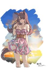 Rule 34 | #summer #besties (umamusume), 1girl, animal ears, bare arms, bare legs, bare shoulders, bracelet, breasts, brown hair, collarbone, commentary request, corset, cowboy shot, cropped legs, dress, ear ornament, grey eyes, hand up, highres, horse ears, horse girl, horse tail, jewelry, large breasts, long hair, looking at viewer, multicolored nails, nail polish, necklace, parted lips, smile, solo, strapless, strapless dress, tail, teshima nari, tosen jordan (aurore vacances) (umamusume), tosen jordan (umamusume), translated, umamusume
