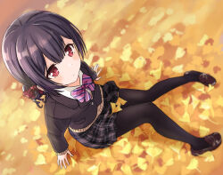 Rule 34 | 1girl, arm support, autumn, black hair, black pantyhose, blush, bow, bowtie, brown jacket, brown skirt, cardigan, closed mouth, dot nose, eluthel, full body, ginkgo tree, hair between eyes, hair bow, hair ribbon, idolmaster, idolmaster shiny colors, jacket, knees together feet apart, knees up, loafers, long sleeves, looking at viewer, looking up, morino rinze, outdoors, pantyhose, pink bow, pink bowtie, plaid, plaid bow, plaid bowtie, plaid skirt, pleated skirt, red eyes, red ribbon, ribbon, school uniform, shirt, shoes, short hair, sitting, skirt, solo, white shirt, yellow cardigan