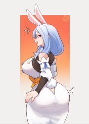 Rule 34 | 1girl, absurdres, animal ear fluff, animal ears, ass, ass focus, blue hair, blush, braid, breasts, dkajart, from behind, highres, hololive, huge ass, large breasts, long hair, looking at viewer, looking back, mature female, pekomama, rabbit ears, rabbit girl, red eyes, short eyebrows, smile, thick eyebrows, virtual youtuber