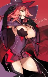 Rule 34 | 1girl, bad id, bad pixiv id, black sclera, blazblue, blazblue: central fiction, breasts, cleavage, colored sclera, gloves, hair over one eye, hat, hyakuhachi (over3), konoe a. mercury, large breasts, long hair, phantom (blazblue), pink hair, solo, thighhighs, witch hat, yellow eyes