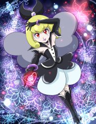 Rule 34 | 10s, 1girl, arm up, armpits, black gloves, blonde hair, boots, bow, broken heart, choker, dress, elbow gloves, facial mark, fighiro, floral background, full body, gloves, hair bow, happinesscharge precure!, heart, highres, knee boots, precure, purple background, queen mirage, red eyes, short hair, smile, solo, standing, tattoo