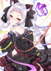 Rule 34 | 1girl, absurdres, animal ear fluff, animal ears, bare shoulders, black choker, black dress, black ribbon, blush, brooch, cat ears, cat girl, cat tail, choker, commentary request, crown, detached sleeves, dress, earrings, extra ears, frilled choker, frilled dress, frills, hair ornament, hair ribbon, hasa west, highres, hololive, jewelry, long hair, looking at viewer, meowing, murasaki shion, murasaki shion (gothic lolita), orange eyes, ribbon, sidelocks, silver hair, solo, star brooch, tail, virtual youtuber