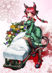 Rule 34 | 1girl, animal ears, bare shoulders, black pantyhose, bow, braid, breasts, cat ears, cat girl, cat tail, commentary request, detached sleeves, dress, female focus, floral print, flower, green dress, hair bow, kaenbyou rin, large breasts, long hair, multiple tails, nekomata, pantyhose, red eyes, red hair, signature, smile, solo, tail, touhou, twin braids, umigarasu (kitsune1963), underbust, wheelbarrow