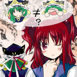 Rule 34 | &gt; &lt;, 2girls, angry, blush, closed eyes, female focus, from behind, green hair, hair bobbles, hair ornament, looking at viewer, lowres, multiple girls, onozuka komachi, red eyes, red hair, shiki eiki, shoes, thinking, thought bubble, touhou, twintails, two side up, upper body, wince