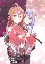 Rule 34 | 2girls, ahoge, blue eyes, commentary request, commission, cowboy shot, crescent, crescent hair ornament, enjaku izuku, floral print, gradient kimono, hair ornament, highres, japanese clothes, kantai collection, kimono, long hair, multiple girls, oil-paper umbrella, pink hair, purple hair, red eyes, red kimono, short hair, short hair with long locks, solo focus, umbrella, uzuki (kancolle), yayoi (kancolle)