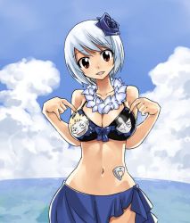 Rule 34 | 1girl, :d, bikini, bikini top only, blue flower, blue rose, blue sky, breasts, brown eyes, cloud, day, fairy tail, flower, flower on head, hair flower, hair ornament, hip focus, large breasts, looking at viewer, mashima hiro, navel, ocean, open mouth, rogue cheney, rose, sarong, short hair, sky, smile, solo, sting eucliffe, stomach tattoo, swept bangs, swimsuit, tattoo, water, white hair, yukino aguria