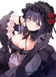 Rule 34 | 1girl, absurdres, apron, arm up, blush, breast padding, breasts, chain, chain leash, collar, cosplay, dress, fingernails, flower, from above, gothic lolita, hair flower, hair ornament, hairband, highres, holding, holding chain, kitagawa marin, kuroe shizuku, large breasts, leash, lolita fashion, long sleeves, looking at viewer, maid apron, nail polish, purple dress, purple eyes, purple hair, purple nails, rose, sakuma shiki, simple background, smile, sono bisque doll wa koi wo suru, white background, wig