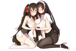 Rule 34 | 2girls, ankle strap, asymmetrical docking, black hair, black legwear, blush, breast press, breasts, cleavage, closed mouth, collar, girls&#039; frontline, high heels, large breasts, leash, long hair, looking at viewer, multiple girls, navel, pantyhose, seiza, sitting, thighhighs, torn clothes, type 95 (girls&#039; frontline), type 97 (girls&#039; frontline), vic (vedream), white legwear