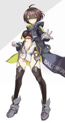 Rule 34 | 1girl, ahoge, armor, azur lane, baltimore (azur lane), black shirt, black thighhighs, blue coat, braid, breasts, brown hair, center opening, character name, clenched hand, closed mouth, clothing cutout, coat, commentary, dress, faulds, french braid, full body, gloves, green coat, hair between eyes, highres, hood, hood down, hooded coat, large breasts, long sleeves, looking at viewer, multicolored coat, navel, noshibukuro, open clothes, open coat, pelvic curtain, revealing clothes, rudder footwear, shirt, short hair, sidelocks, simple background, sketch, skindentation, smile, solo, standing, stomach, thighhighs, two-tone coat, underboob, underboob cutout, white dress, white gloves, yellow eyes, zipper, zipper pull tab